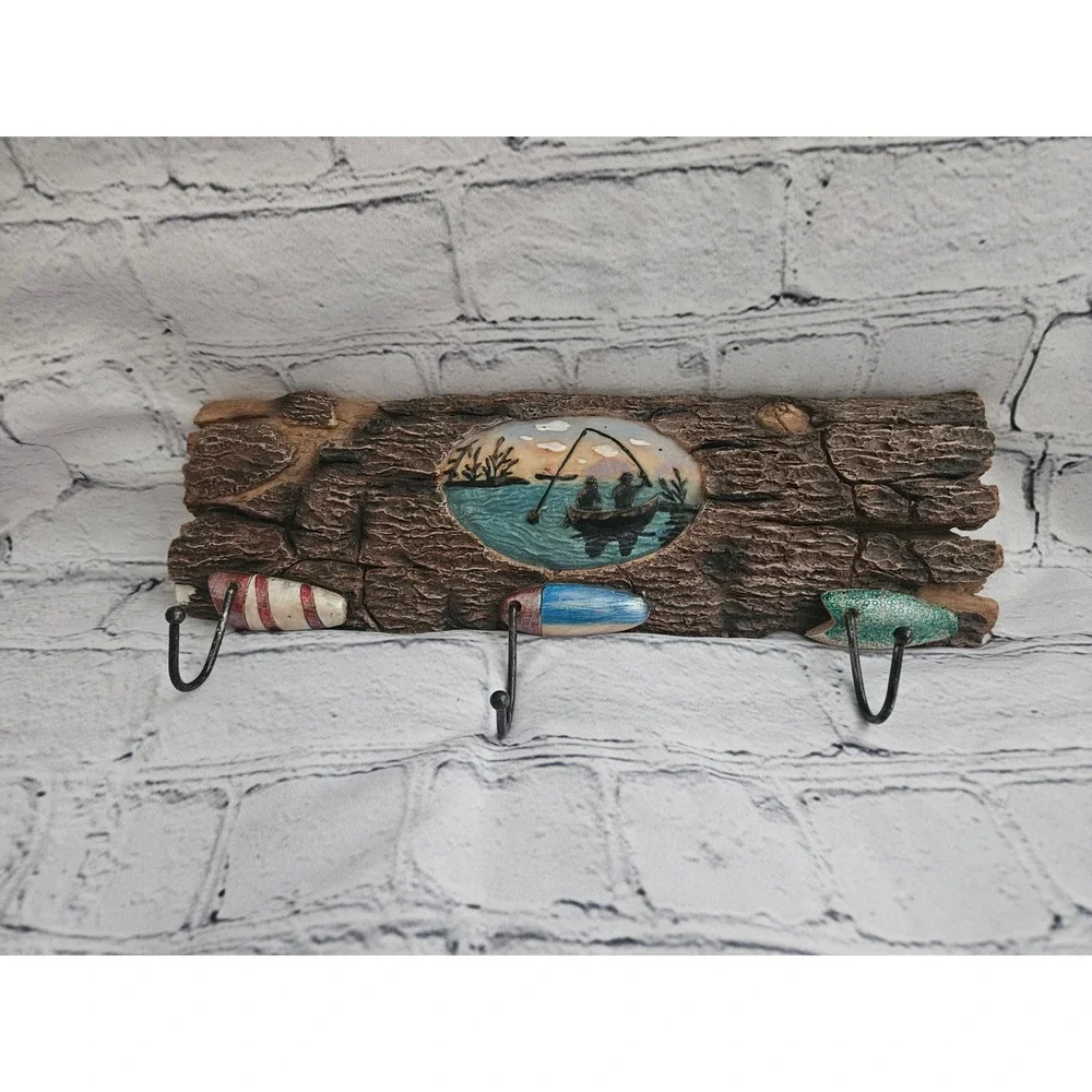 Rustic Fishing Wall Hook Rack Cabin Decor - 3 Hooks Log Look & Bobbers